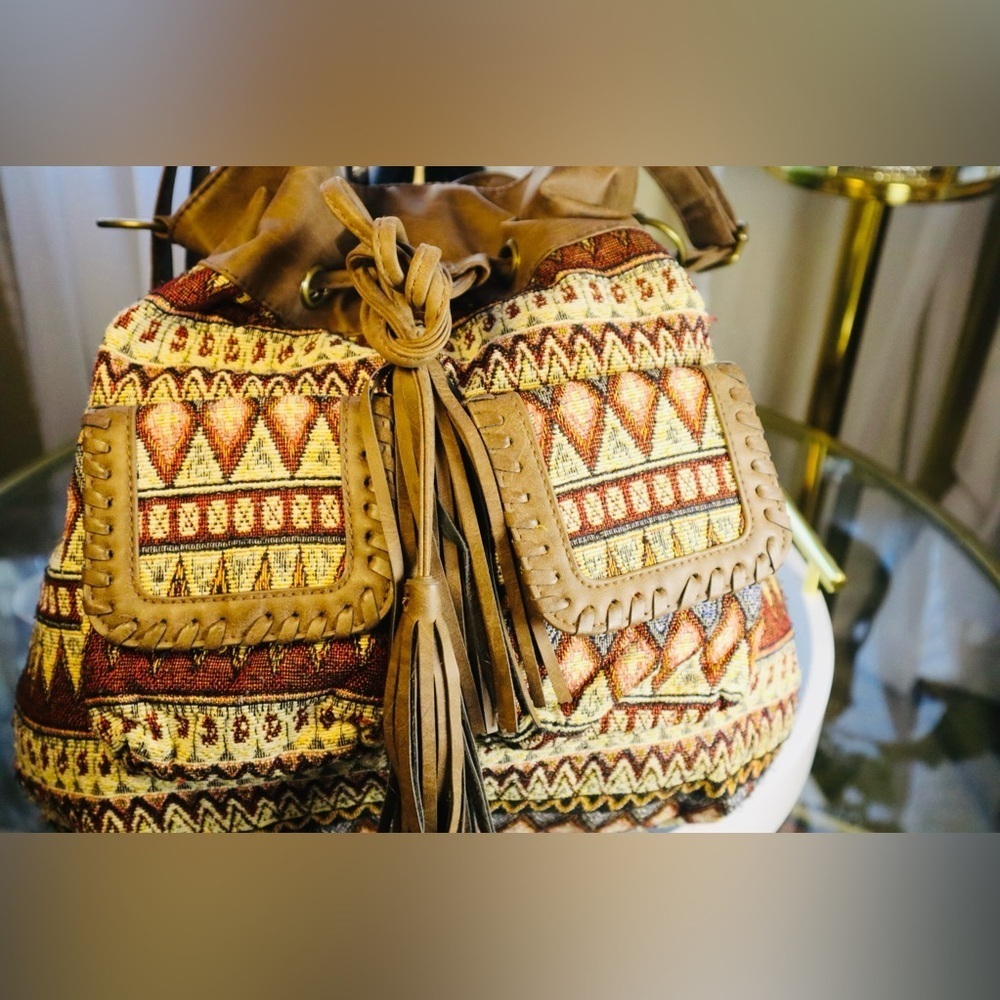 Vintage Boho Tribal Pattern Hobo Bag with Leather Accents - Picture 3 of 5
